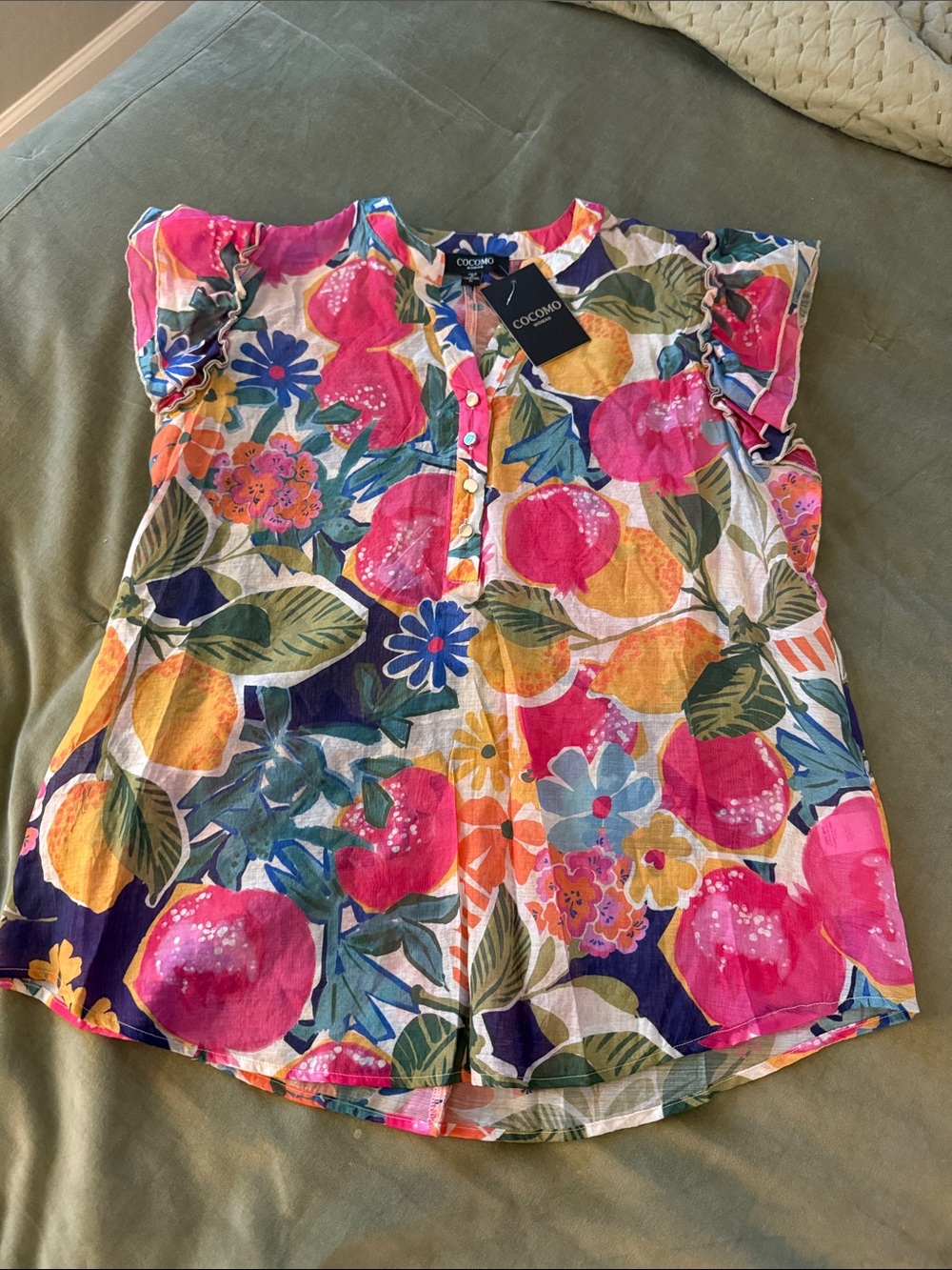 Cocomo Tropical Floral & Fruit Button-Up Top in Pink, Yellow & Green